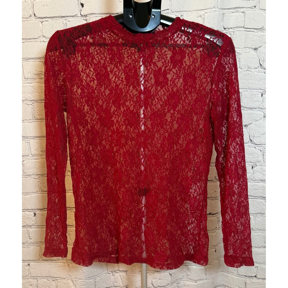 Merigold Kiss Womens Red Floral Lace Long Sleeve Sheer Blouse Top Large